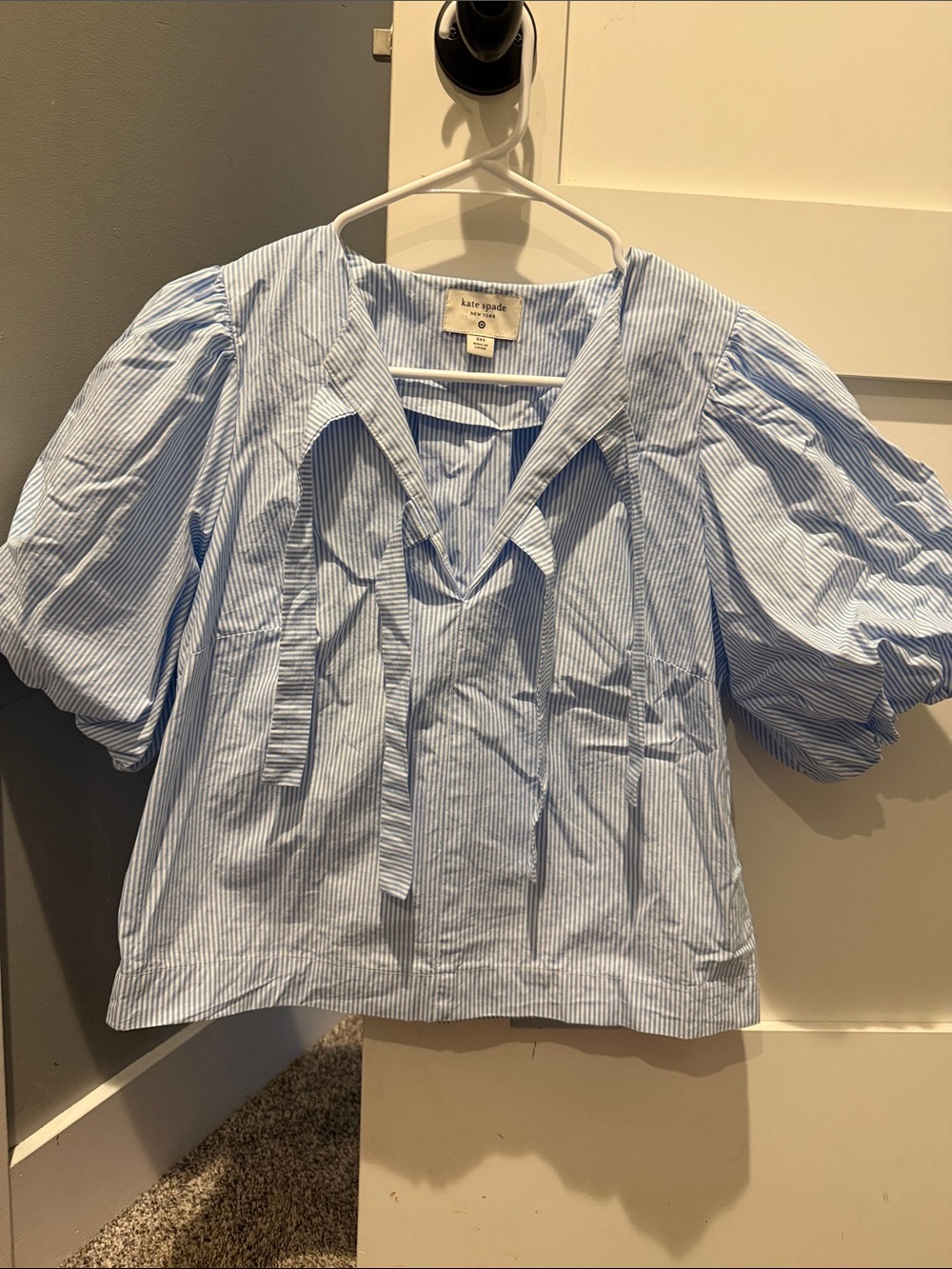 kate spade Light Blue & White Striped Puff-Sleeve Tie-Neck Top
